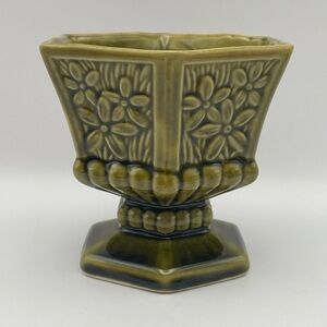 Vintage, MCM, Ceramic, Hexagonal, Planter/Vase, Avocado Green, Daisies, 4.5”